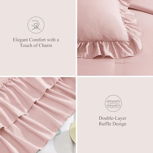 Full Size Comforter Set Soft Pink Ruffle 7 Pieces Farmhouse Bed in a Bag