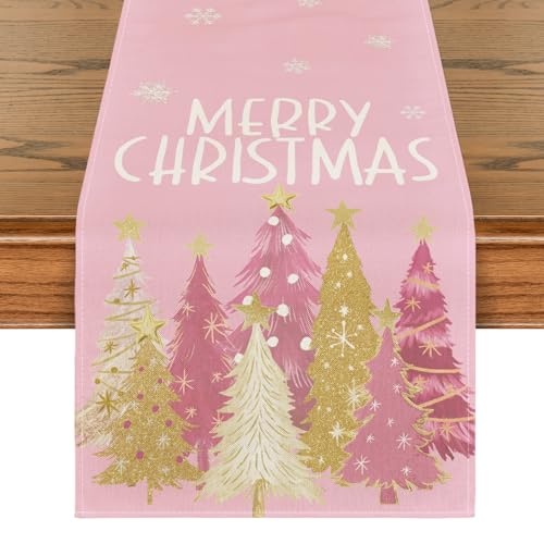 Pink Xmas Trees Table Runner Home Party Decor 13x36 Inch