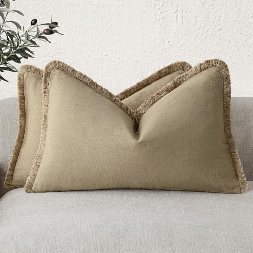 Boho Linen Fringe Lumbar Throw Pillow Covers 12×24 Light Khaki (2 Count)