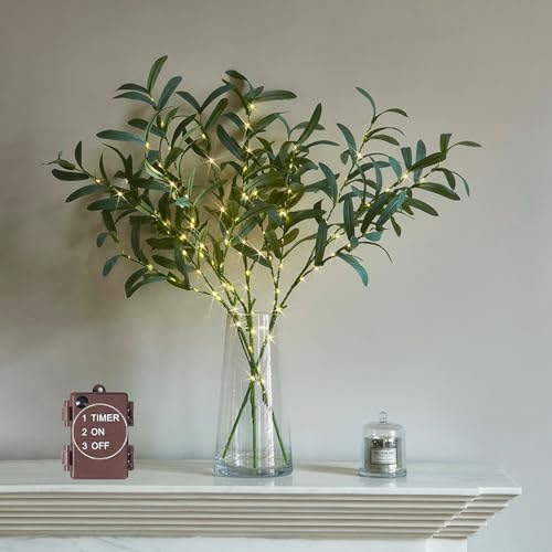 Lighted Olive Branches 24IN 72 LED with Timer Battery Operated Lit Artificial Greenery for Wedding Party Spring Home Decoration Indoor Outdoor