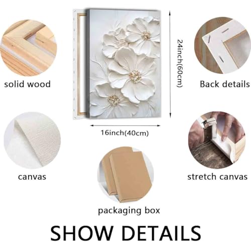 White Flower Canvas Wall Art Abstract Floral Pictures Minimalist Botanical Poster Flower Texture Painting 16x24inch framed