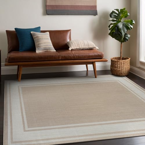 Outdoor Rug 6x9 Modern Bordered Area Rugs for Indoor and Outdoor Patio Deck Porch Garden Waterproof Weather Sun Resistant Washable Outside Carpet (54 Sq Ft)