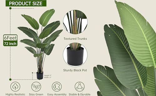Artificial Bird of Paradise Tree 6FT 13 Thick Matte Texture Leaves Tall Large Fake Faux Tropical Traveler's Palm Banana Leaf Plant 72 Inch Black Pot for Indoor Home Office Poolside Decor
