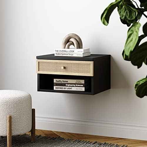 Jackson Wall Mounted Rattan Floating Bedroom Nightstand with Storage Drawer and Modern Open Shelf Cubby