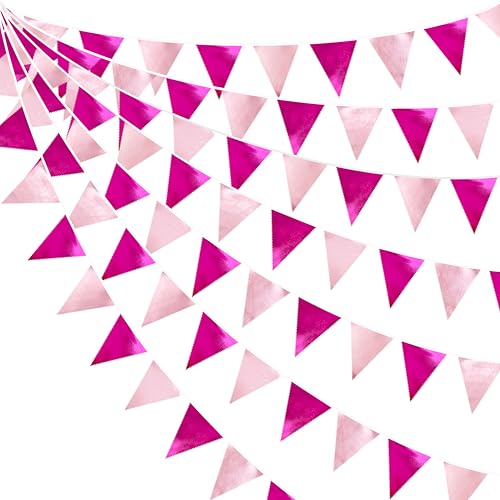 Hot Pink Party Decorations Metallic Fabric Gradient Pink Triangle Pennant Banner Flag Bunting Garland for Women Girl Birthday Retirement Bridal Shower Wedding Baby Shower Bachelorette Party Supplies (36 Count)
