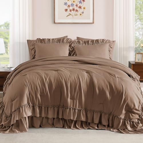 Queen Comforter Set Amber Brown Ruffle 7 Pieces Farmhouse Bed in a Bag