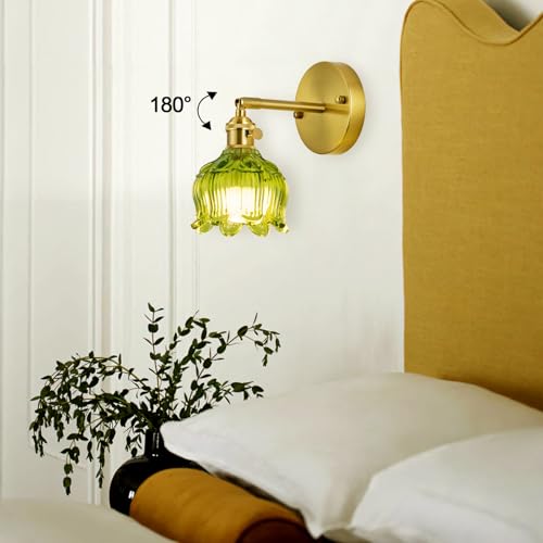 Vintage Wired Wall Sconce Set of 2 Hardwired Wall Light with Green Tulip Glass Shade (2 Count)
