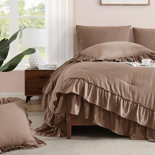 Queen Comforter Set Amber Brown Ruffle 7 Pieces Farmhouse Bed in a Bag