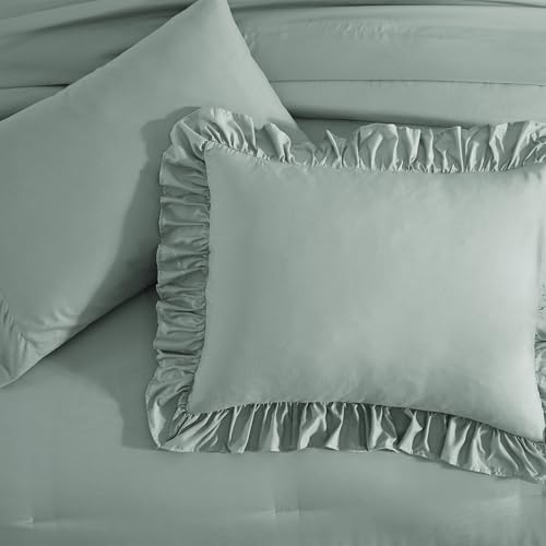 King Size Comforter Set Sage Green Ruffle 7 Pieces Farmhouse Bed in a Bag