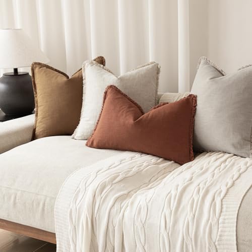 Decorative Linen Fringe Throw Pillow Covers 16×16 Rust Orange (2 Count)