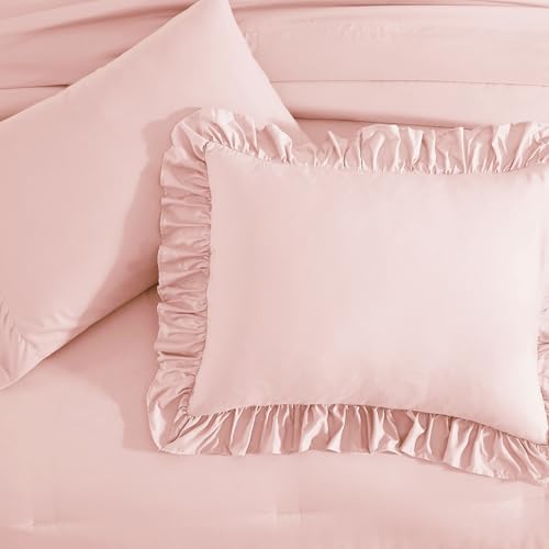 Queen Comforter Set Soft Pink Ruffle 7 Pieces Farmhouse Bed in a Bag
