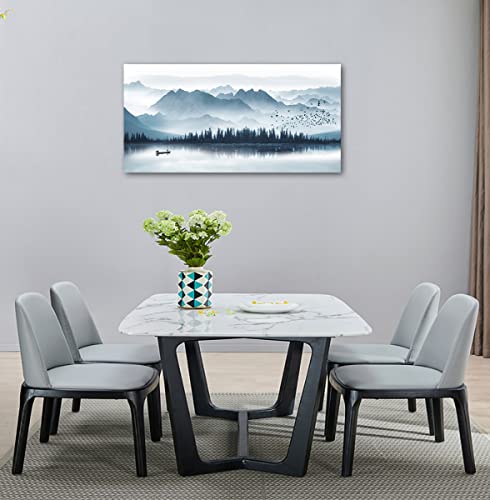 Indigo Canvas Wall Art Misty Mountain Wall Pictures Foggy Lake Boat Painting Prints Forest Birds Artwork Wall Decor for Living Room Wall Decorations Framed Ready to Hang 24" x 48"
