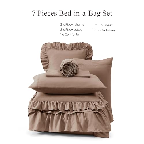 King Size Comforter Set Amber Brown Ruffle 7 Pieces Farmhouse Bed in a Bag