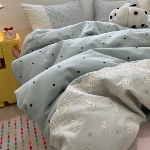 Romantic Lace Comforter Set Queen Cute Polka Dots Comforter with 2 Pillowcases Fluffy Soft Microfiber Black Dots Bedding Set for Teens Girls Lightweight Princess Style Queen Comforter Set
