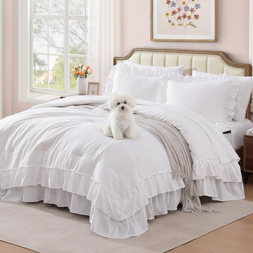 King Size Comforter Set White Ruffle 7 Pieces Farmhouse Bed in a Bag