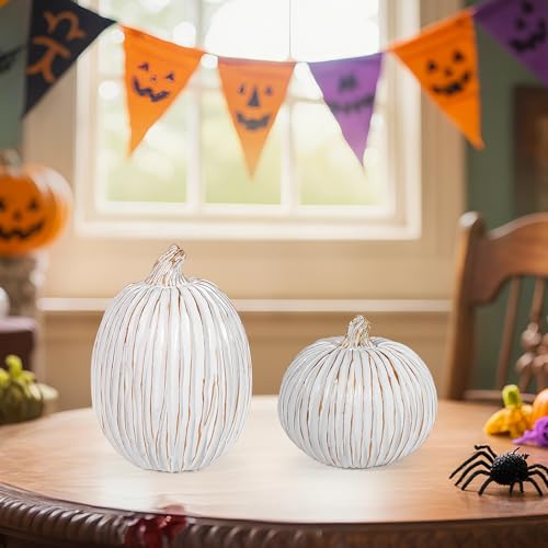 2Pcs Halloween Pumpkin Artificial Resin Pumpkins Decor for Mantel Harvest Autumn Tabletop Decoration Gold Fall Pumpkin Decorations Thanksgiving Table Centerpieces (2 Count)