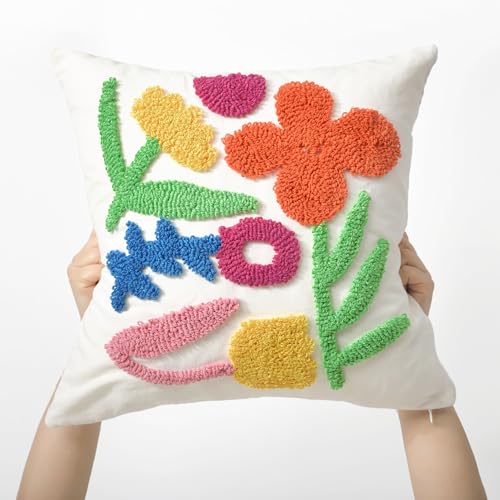 Throw Pillow Covers 18x18 Boho Tufted Bright Floral for Sofa