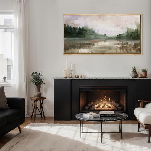 Extra Large Framed Canvas Print Wall Art Tranquil Lake Reflections Nature Landscape Illustrations Antique Retro Fine Art Illustrations Decorative Colorful for Bedroom