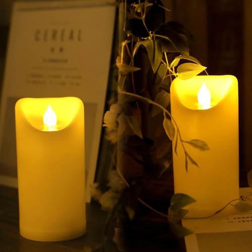 Outdoor Battery Operated Flameless Candles with Remote Timer Waterproof Flickering Plastic Electric LED Pillar Lights for Lantern Patio Garden Wedding Party Decorations 3x5 Inches 2 Pack (2 Count)