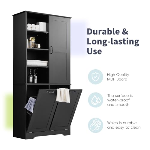 68" Tall Bathroom Storage Cabinet with One Door and Two Laundry Hampers for Home Display Organizer