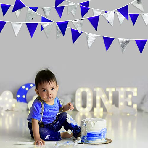 Royal Blue Silver Party Decorations Navy Blue Triangle Pennant Banner Flag Metallic Fabric Bunting Garland for Birthday Graduation Wedding Retirement Nautical Ahoy Achor Pirate Theme Party Supplies (36 Count)