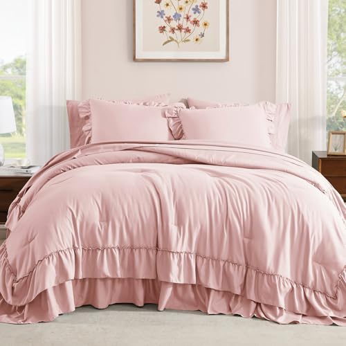 King Size Comforter Set Soft Pink Ruffle 7 Pieces Farmhouse Bed in a Bag