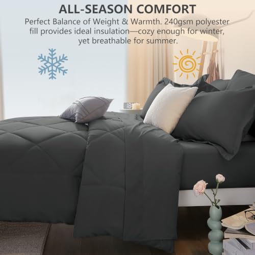 Queen Comforter Set with Sheets Dark Grey