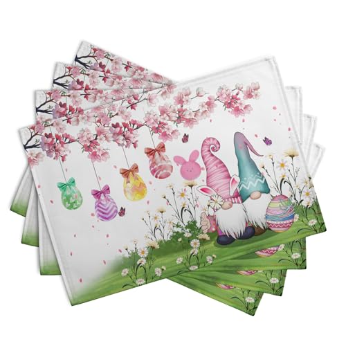 Easter Gnomes Bunny Placemats Set of 4 Easter Eggs Flowers Place Mat 12x18 Inch Seasonal Spring Farmhouse Washable Linen Table Mats for Party Kitchen Dining Outdoor Indoor Decor