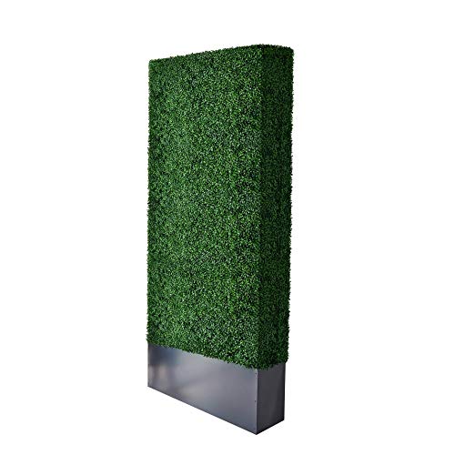 Upgraded Artificial Boxwood Hedge Wall with Dark Grey Stainless Steel Planter Outdoor Backdrop Privacy Screen (32 Sq Ft)
