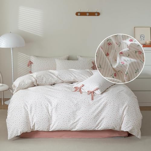 King Size Comforter Set Garden Style Pink White Floral Comforter Set Cozy Aesthetic Bedding Cottagecore Comforter Vintage Botanical Flower Comforter with 2 Bow Ties Pillowcases Fluffy Bed Set