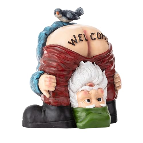 22" Tall Outdoor Mooning "Welcome" Gnome Statue with Bird Figurine