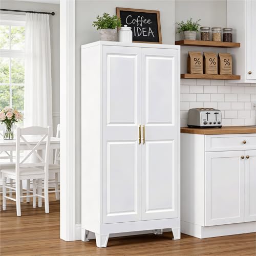White Metal Pantry Cabinet with 3 Adjustable Shelves