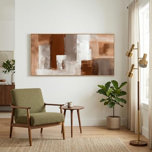 Large Abstract Wall Art 20x40 Inch Brown White Gray Framed Canvas Print Painting Modern Neutral Tone Artwork for Living Room Sofa Bedroom Waterproof & Fade Resistant Wood Frame Decor Ready to Hang