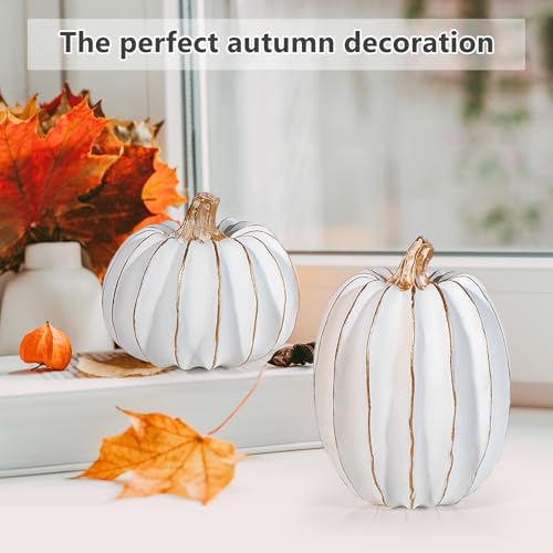 2Pcs Halloween Pumpkin Artificial Resin Pumpkins Decor for Mantel Harvest Autumn Tabletop Decoration Gold Fall Pumpkin Decorations Thanksgiving Table Centerpieces (2 Count)