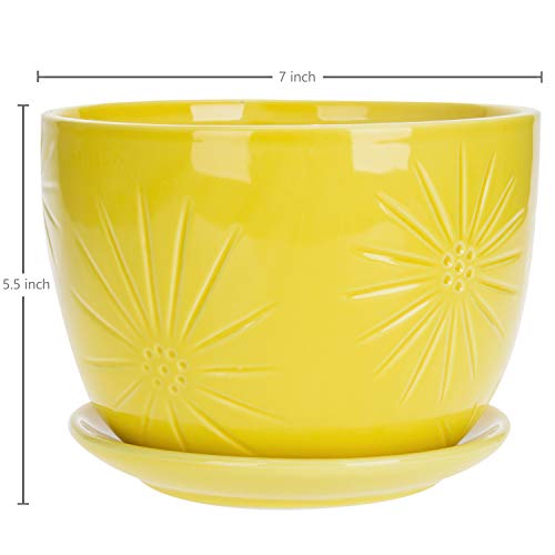 7 Inch Yellow Ceramic Planter Pot with Sunburst Design & Saucer