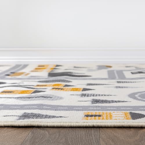 Kids Play Road Cityscape Playroom Runner Rug Cream 2' x 7'
