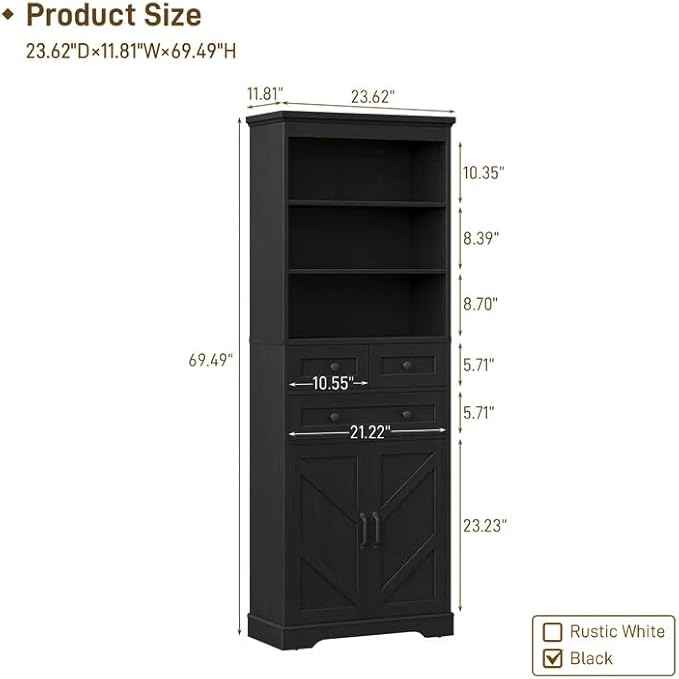 Vabches Farmhouse Bathroom Cabinet, 70" Tall Bathroom Storage Cabinet with 3 Drawers, Adjustable Shelves & Doors, 3 Tier Wood Cabinets for Bathroom, Living Room, Kitchen, Rustic Black