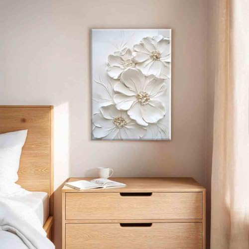 White Flower Canvas Wall Art Abstract Floral Pictures Minimalist Botanical Poster Flower Texture Painting 16x24inch framed