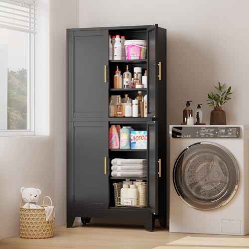 Black Metal Storage Cabinet with 4 Doors and 4 Adjustable Shelves