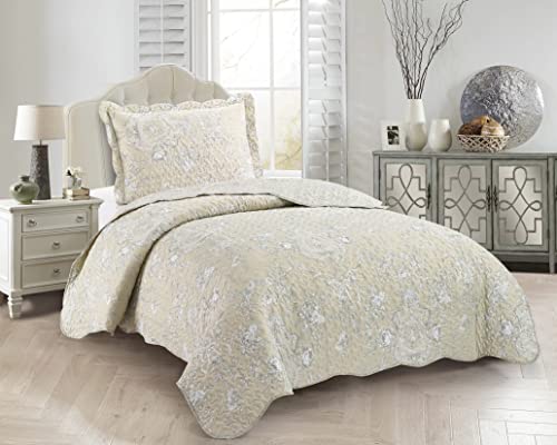 Classic Grey Floral Toile in Beige Hues Quilt Set (2 Count)