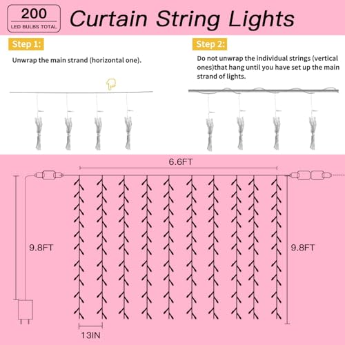 200 LED Pink Curtain String Lights 9.8x6.6FT