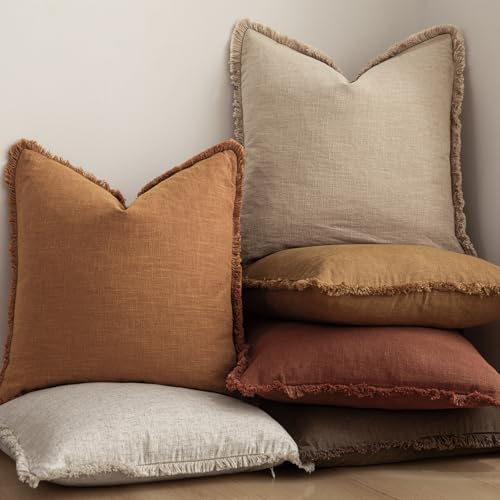 Decorative Linen Fringe Throw Pillow Covers 26×26 Inch (2 Count)
