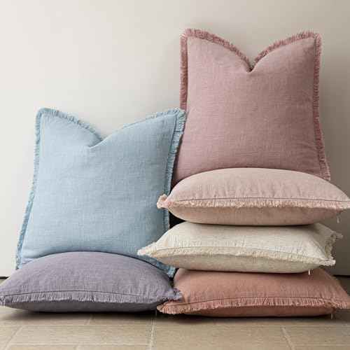 Decorative Linen Fringe Throw Pillow Covers 18×18 Inch (2 Count)