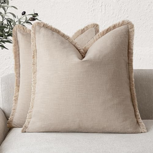 Decorative Linen Fringe Throw Pillow Covers 26×26 Inch (2 Count)