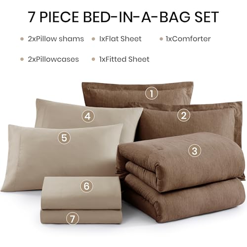 King Size Comforter Set 7 Pieces Brown Cationic Dyeing Bed in a Bag