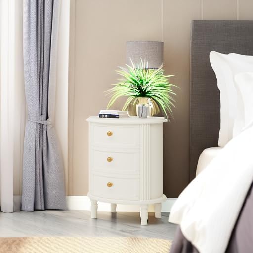 LITTLE TREE No Assembly Nightstand with 3 Drawers, Farmhouse Off-White Bedside Table for Bedroom, All Wooden Oval Nightstand with Storage