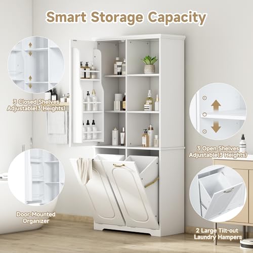 68" Tall Bathroom Storage Cabinet with One Door Shelf and Two Laundry Hampers for Home Display Organizer
