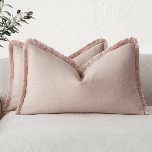Boho Linen Fringe Lumbar Throw Pillow Covers 12×20 Light Pink (2 Count)