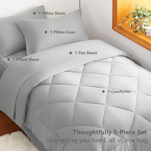 Twin Comforter Set with Sheets Light Grey