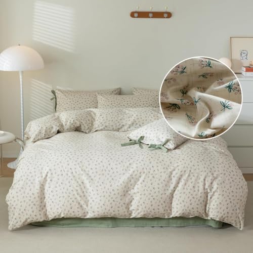 Full Comforter Set Vintage Green Floral Bedding Comforter Boho Flower Cottagecore Comforter with 2 Bow Ties Pillowcases Fluffy Lightweight Bedding Farmhouse Botanical Comforter Set (3 Count)